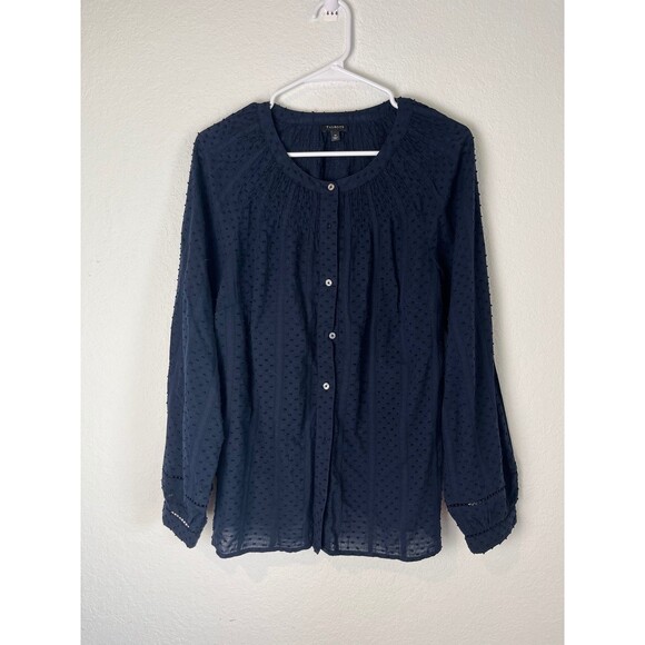 Talbots Blouse Womens Medium Navy Blue Swiss Dot Button Front Long Sleeve Top - Picture 1 of 7